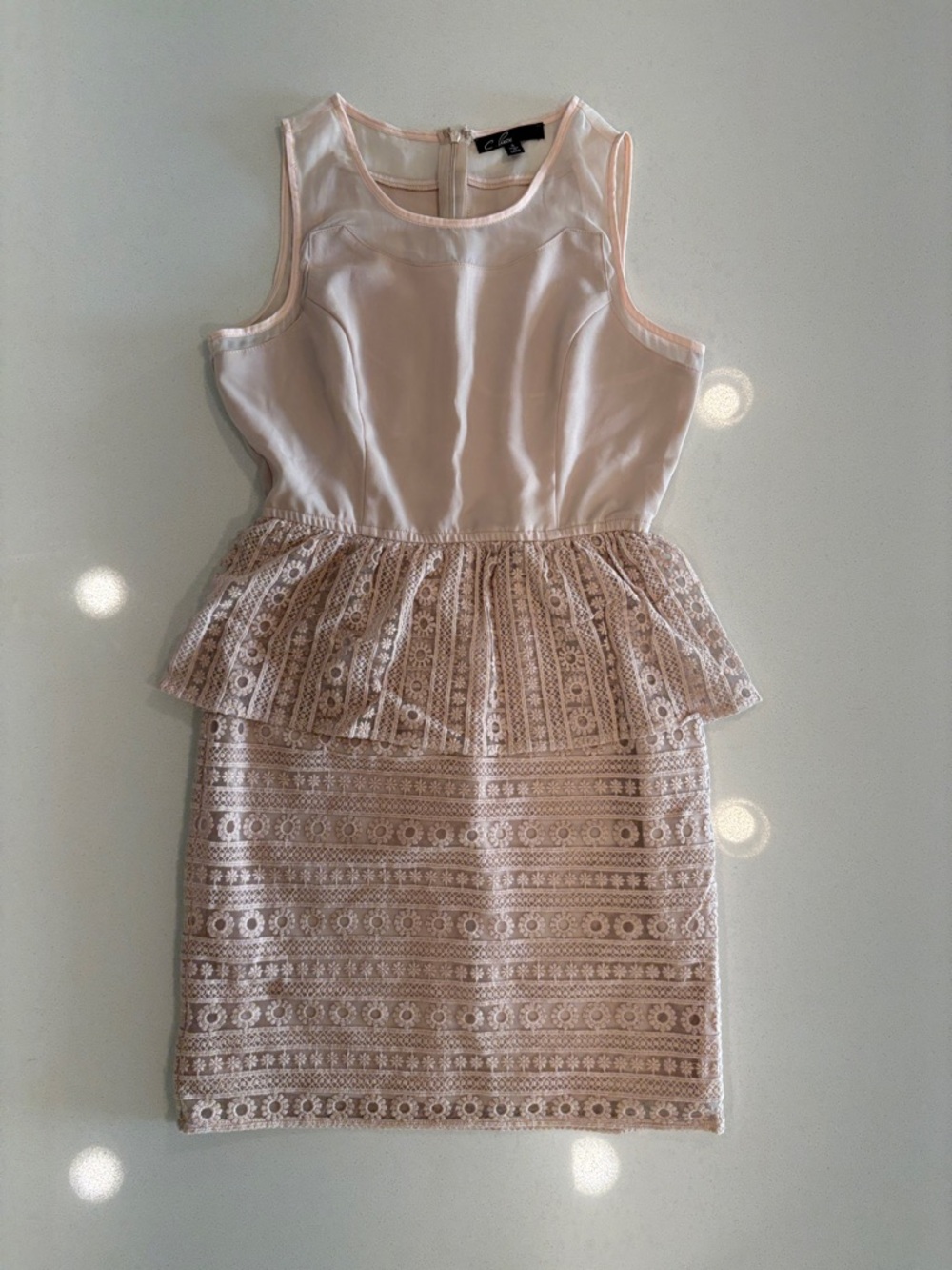 C. Luce Blush Pink Sleeveless Lace Peplum Mini Dress